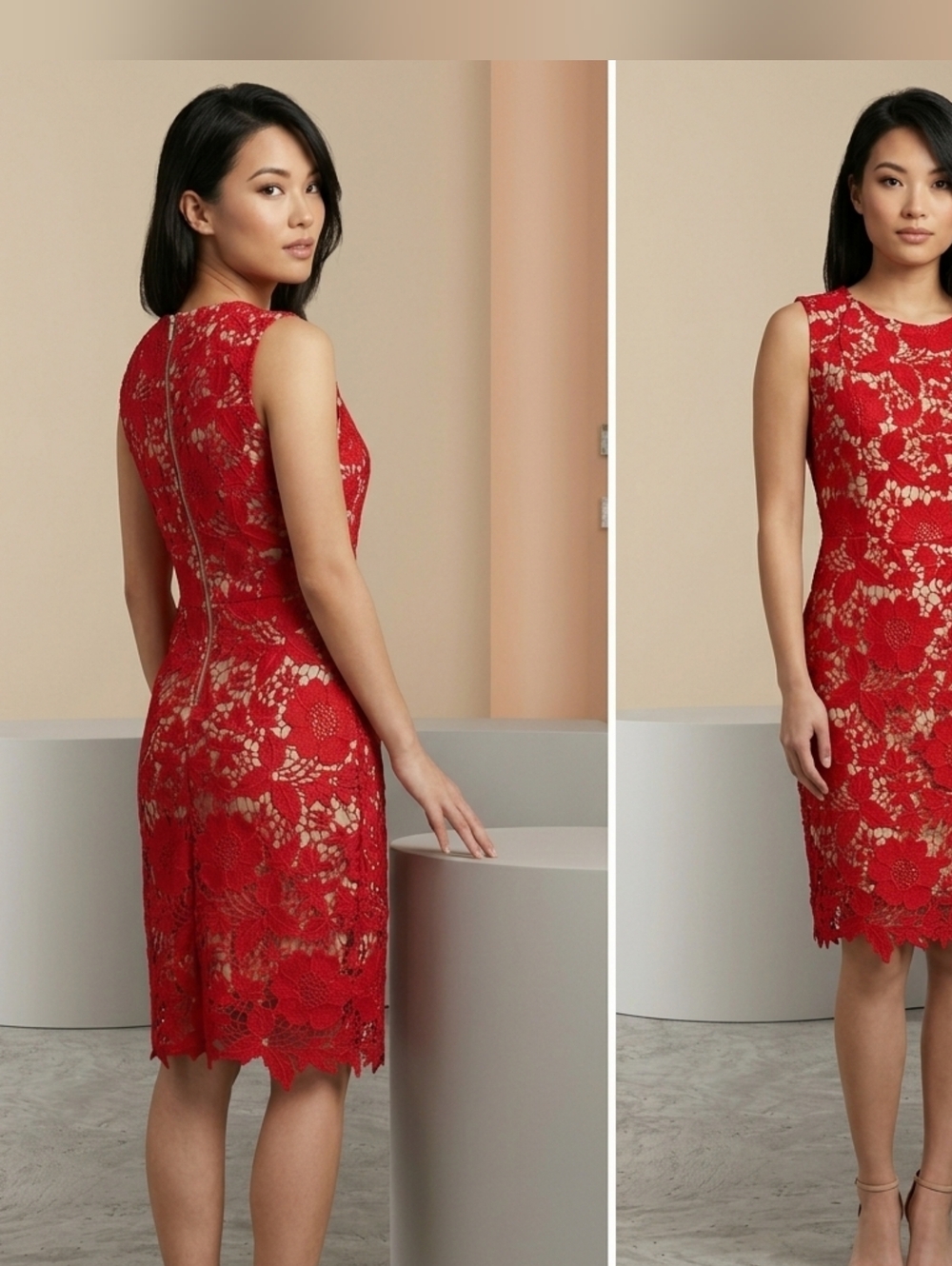 ECI Red Floral Lace Midi Sheath Dress